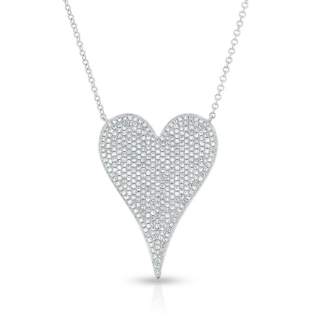 14KT White Gold Diamond Large Modern Pave Heart Necklace