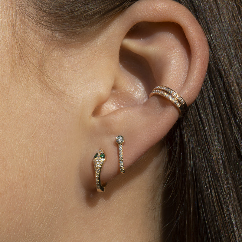 14KT White Gold Diamond Emerald Snake Huggie Earrings-Anne Sisteron