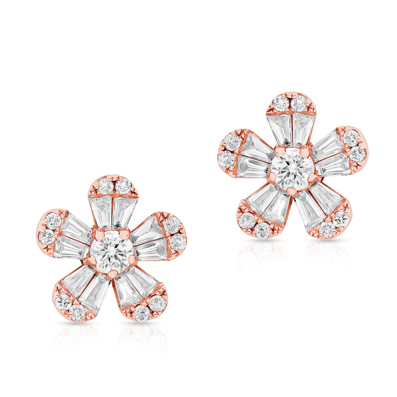 14KT Rose Gold Baguette Diamond Luxe Daisy Stud Earrings