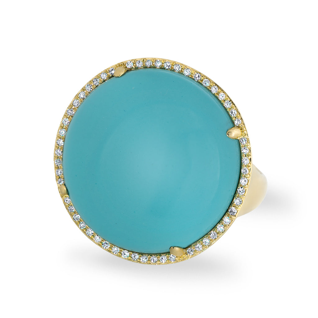 14KT Yellow Gold Diamond Turquoise Round Cocktail Ring