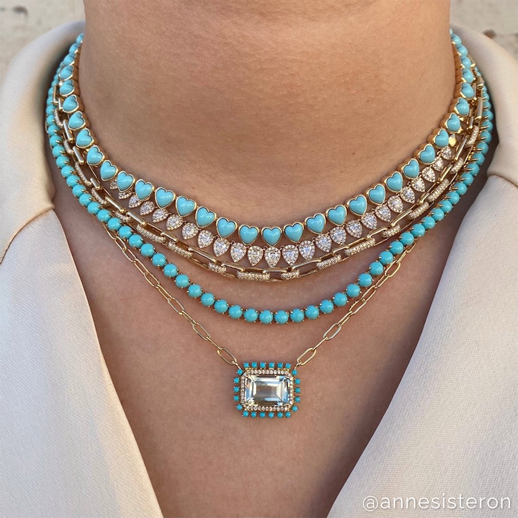 18KT Yellow Gold Blue Topaz Turquoise Diamond Portofino Chain Link Necklace